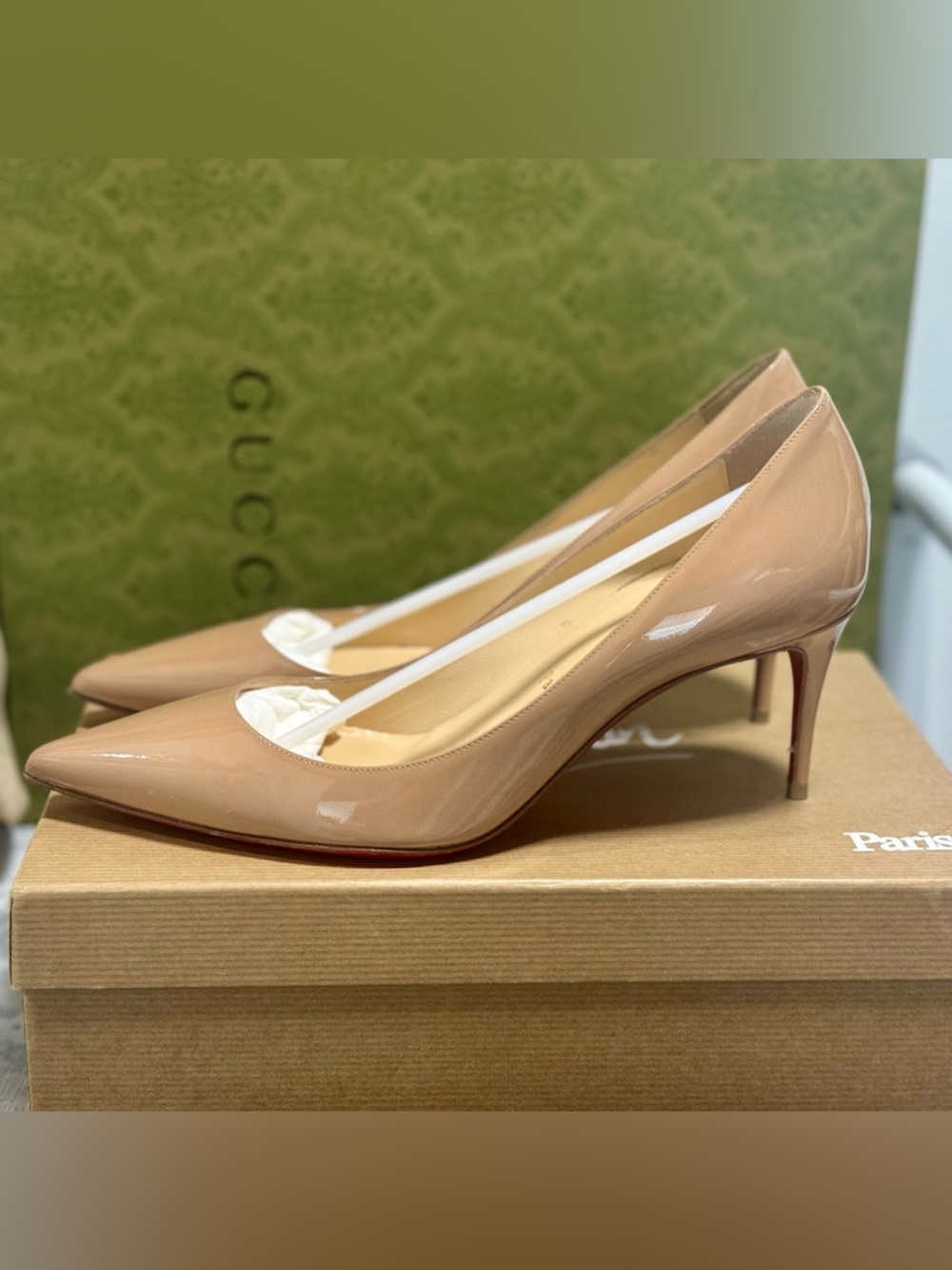 Christian Louboutin Nude Patent Pointed Pumps with Red Soles - Picture 3 of 8